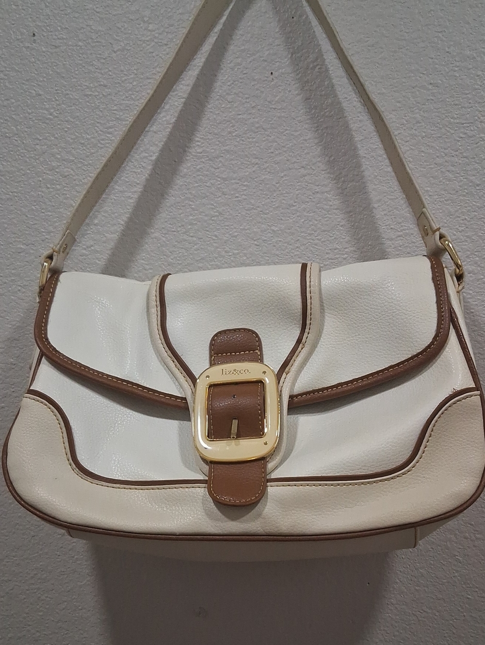 liz & co. Cream Shoulder Bag with Brown Trim and Gold Buckle